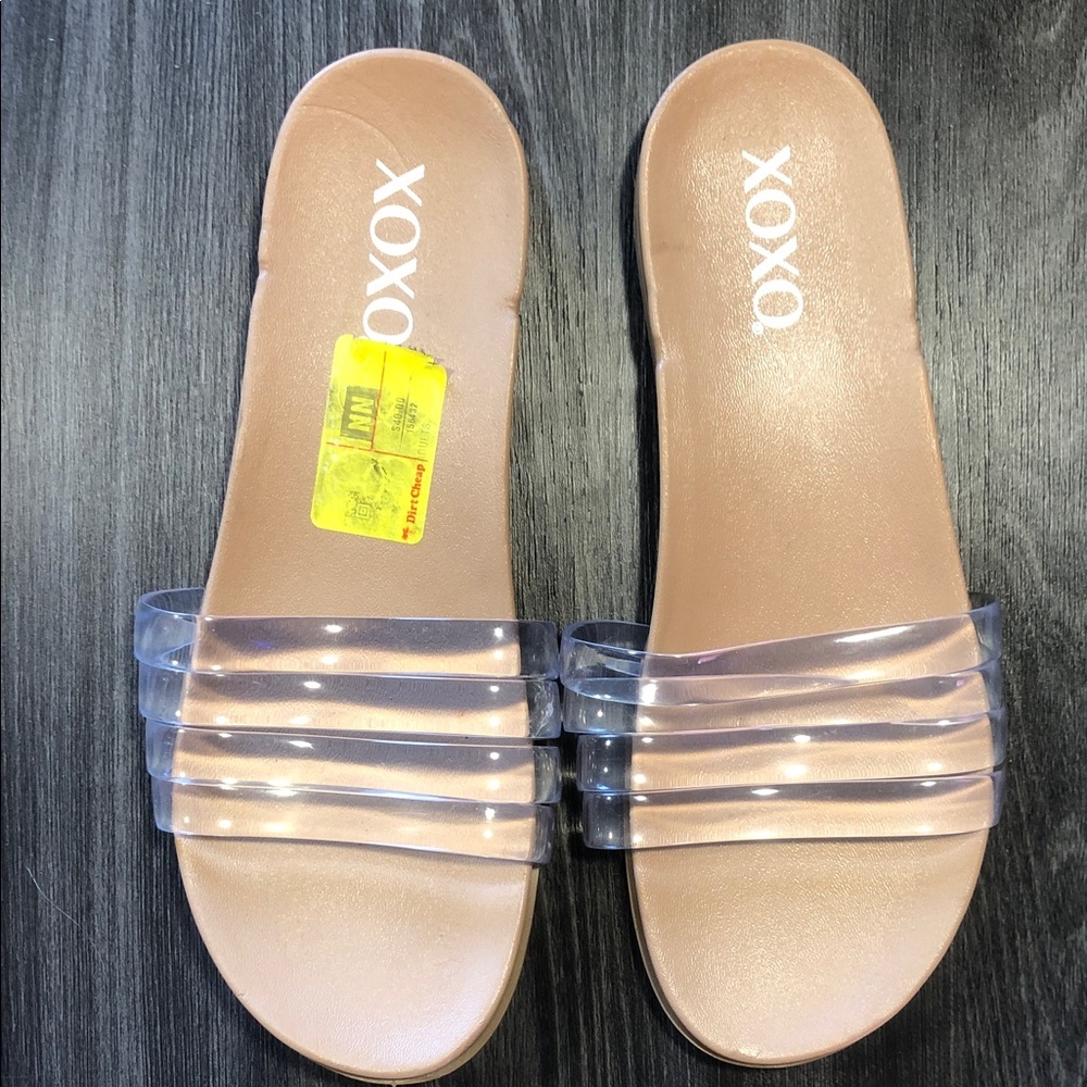 XOXO Women's Clear Triple-Strap Slide Sandal in Nude/Tan